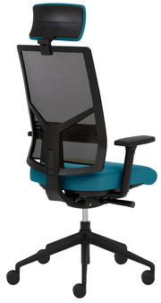 Moderner Drehstuhl mit Netzrückenlehne und verstellbarer Kopfstütze, seitliche Rückansicht