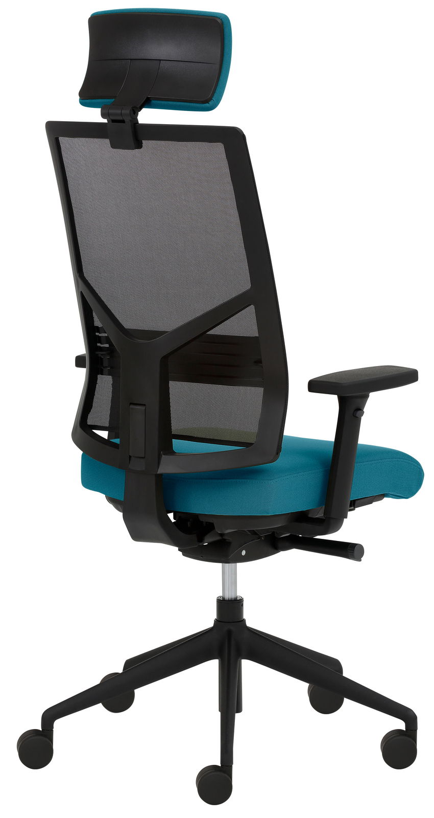 Moderner Drehstuhl mit Netzrückenlehne und verstellbarer Kopfstütze, seitliche Rückansicht