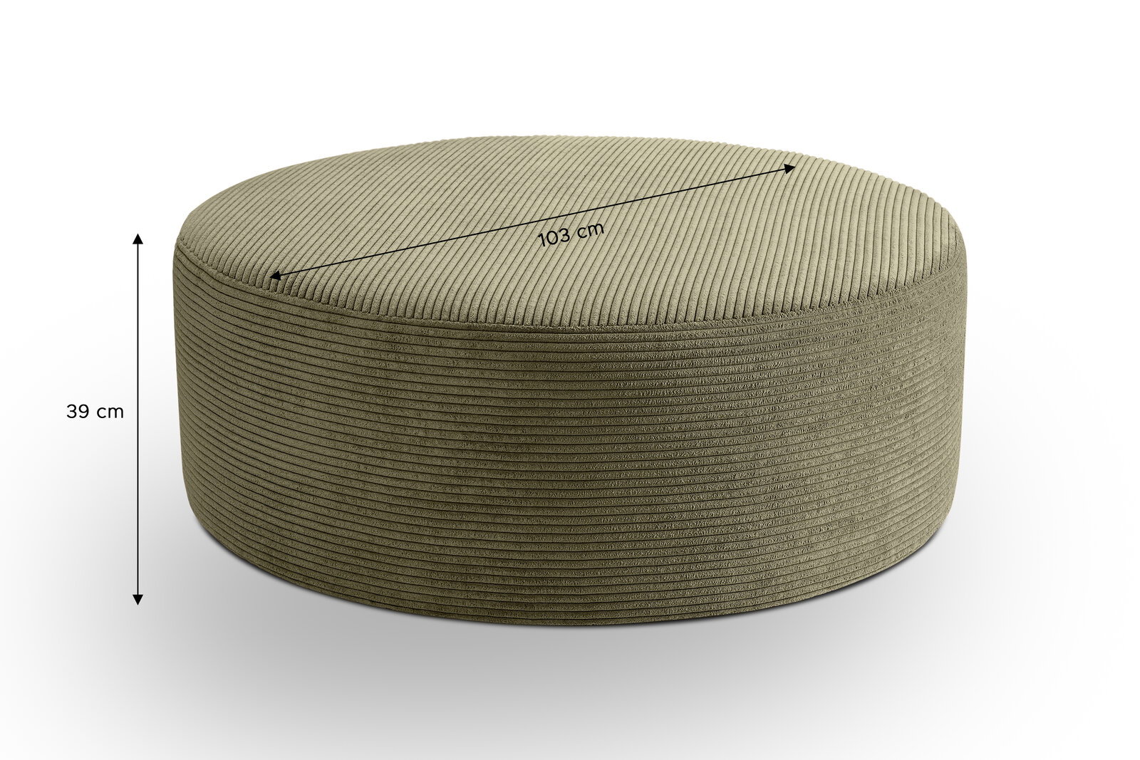 Runder, olivgrüner Cord-Pouf/Hocker in Seitenansicht mit leicht schräger Draufsicht, Maße: 103 cm Durchmesser und 39 cm Höhe, freigestellt auf weißem Hintergrund.