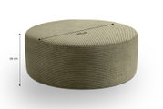 Runder, olivgrüner Cord-Pouf/Hocker in Seitenansicht mit leicht schräger Draufsicht, Maße: 103 cm Durchmesser und 39 cm Höhe, freigestellt auf weißem Hintergrund.