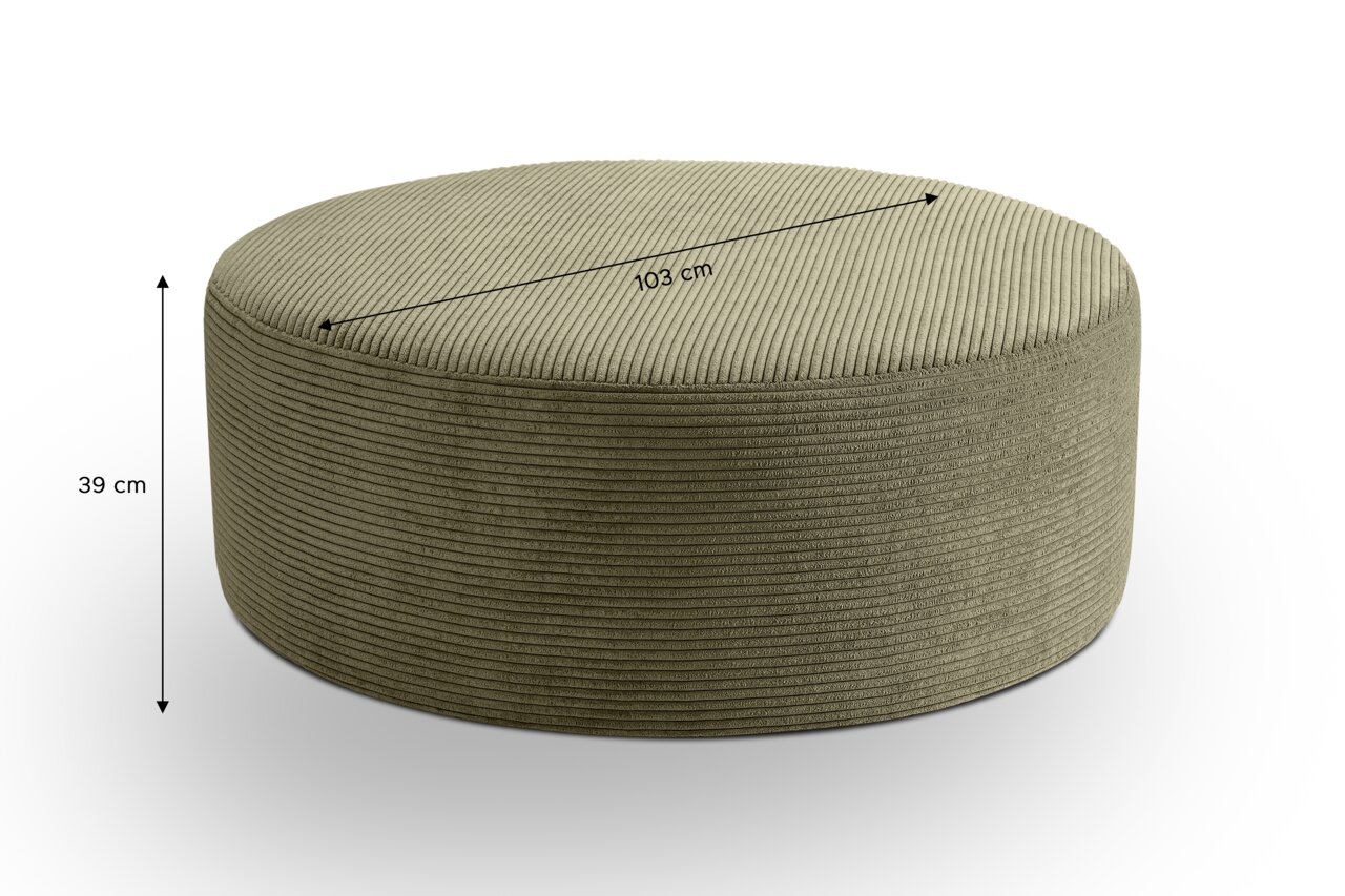 Runder, olivgrüner Cord-Pouf/Hocker in Seitenansicht mit leicht schräger Draufsicht, Maße: 103 cm Durchmesser und 39 cm Höhe, freigestellt auf weißem Hintergrund.