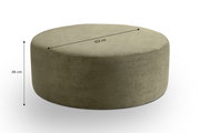Runder, olivgrüner Cord-Pouf/Hocker in Seitenansicht mit leicht schräger Draufsicht, Maße: 103 cm Durchmesser und 39 cm Höhe, freigestellt auf weißem Hintergrund.