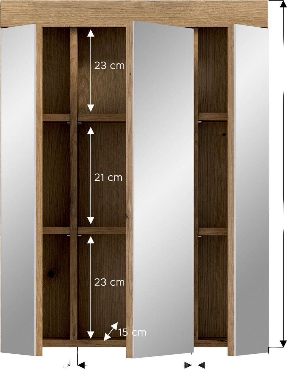 Frontansicht eines dreitürigen Holzschranks in Eiche-Optik mit geöffneten Türen und weißen Fronten; Innenfächer mit Maßangaben 23 cm, 21 cm, 23 cm sowie 15 cm Tiefe