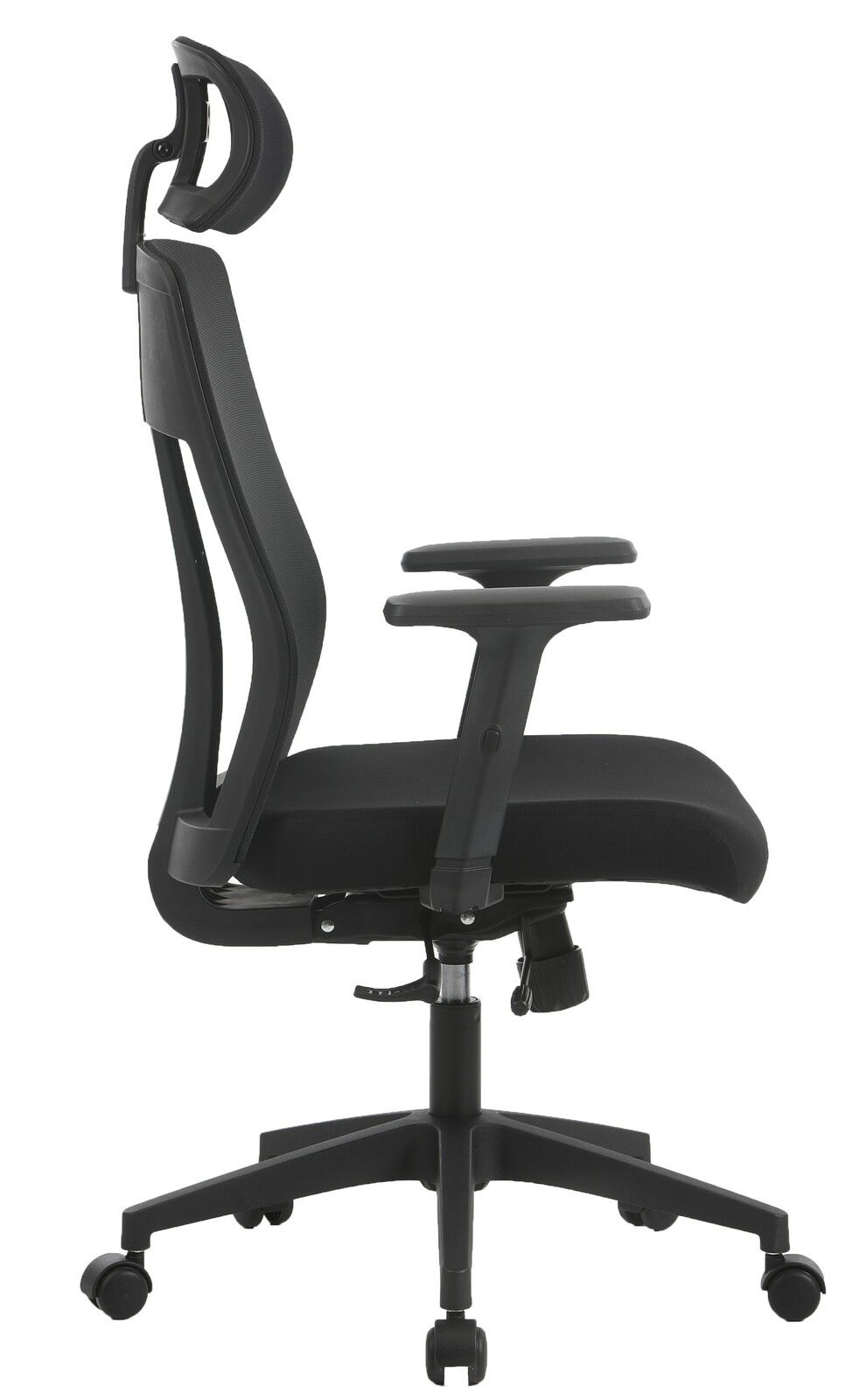 Seitliche Ansicht eines schwarzen Drehstuhls mit Kopfstütze und Armlehnen.