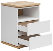 Weiße Nachtkommode mit zwei offenen Schubladen und einer offenen Ablage, Holzoberfläche und -sockel, Perspektive von vorne links