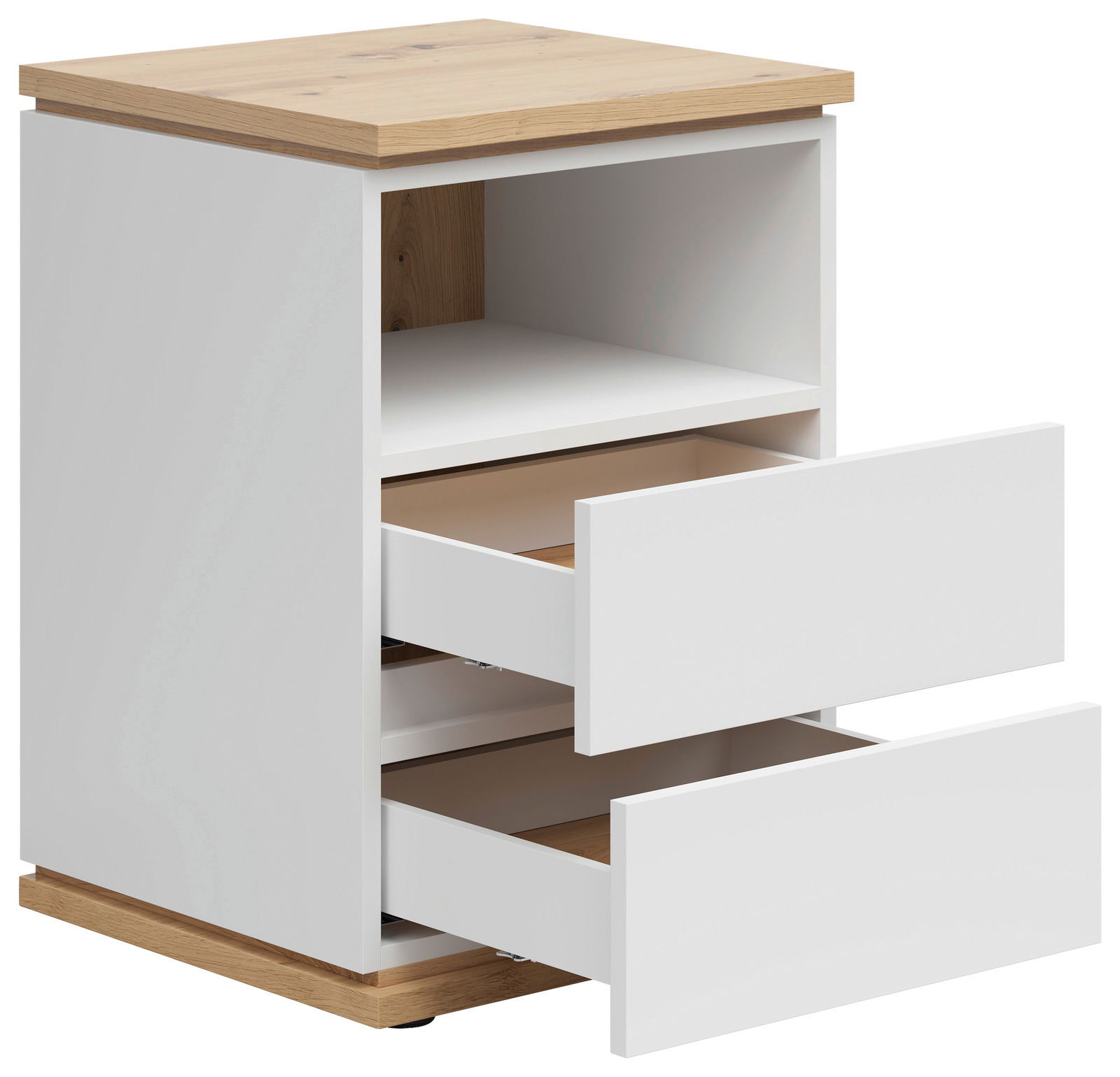 Weiße Nachtkommode mit zwei offenen Schubladen und einer offenen Ablage, Holzoberfläche und -sockel, Perspektive von vorne links