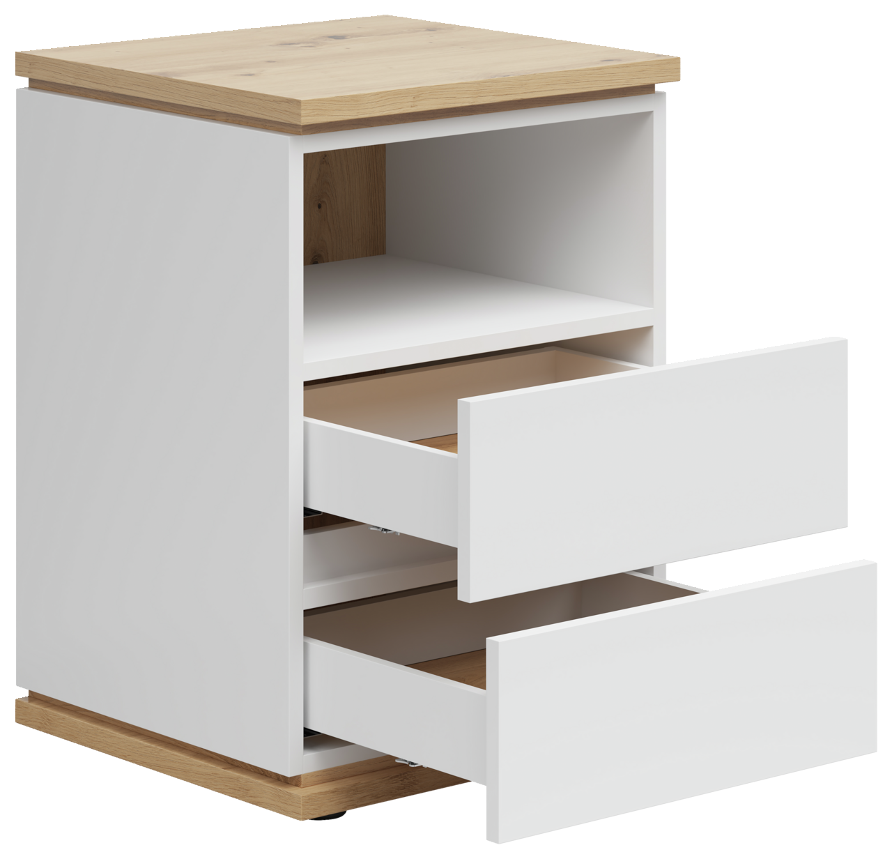 Weiße Nachtkommode mit zwei offenen Schubladen und einer offenen Ablage, Holzoberfläche und -sockel, Perspektive von vorne links