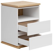 Weiße Nachtkommode mit zwei offenen Schubladen und einer offenen Ablage, Holzoberfläche und -sockel, Perspektive von vorne links