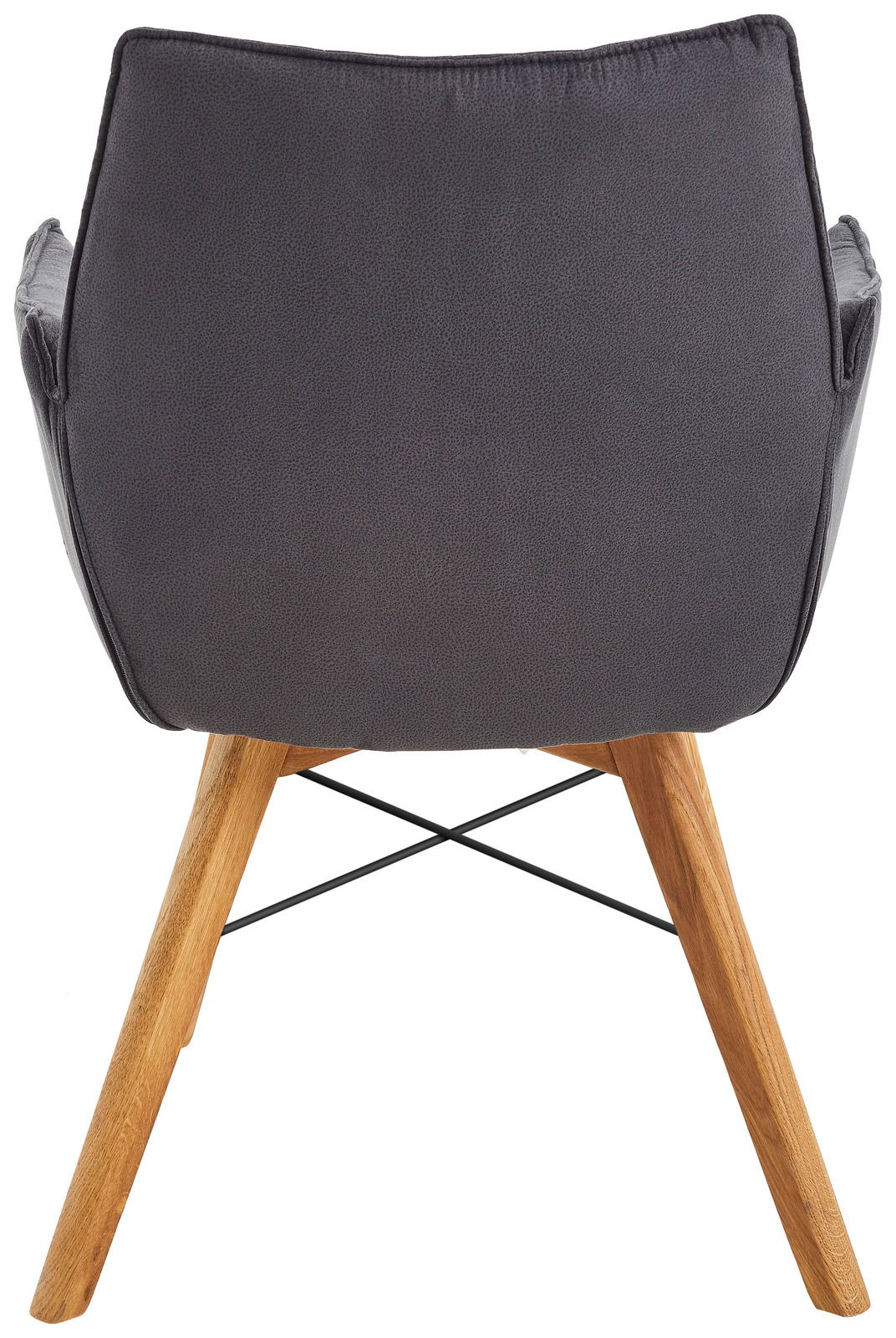 Rückansicht eines Armlehnenstuhls mit grauem Polster und Holzbeinen