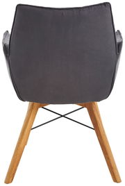 Rückansicht eines Armlehnenstuhls mit grauem Polster und Holzbeinen