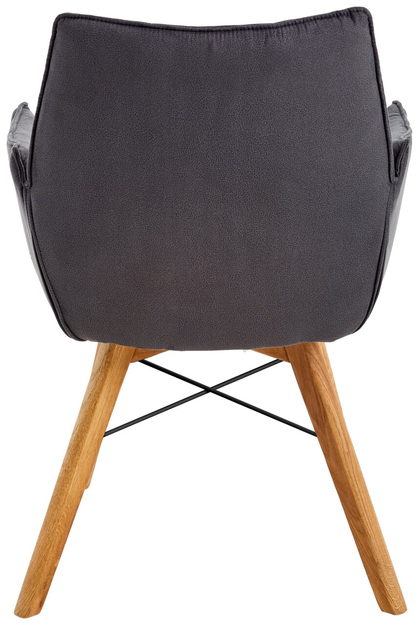 Rückansicht eines Armlehnenstuhls mit grauem Polster und Holzbeinen