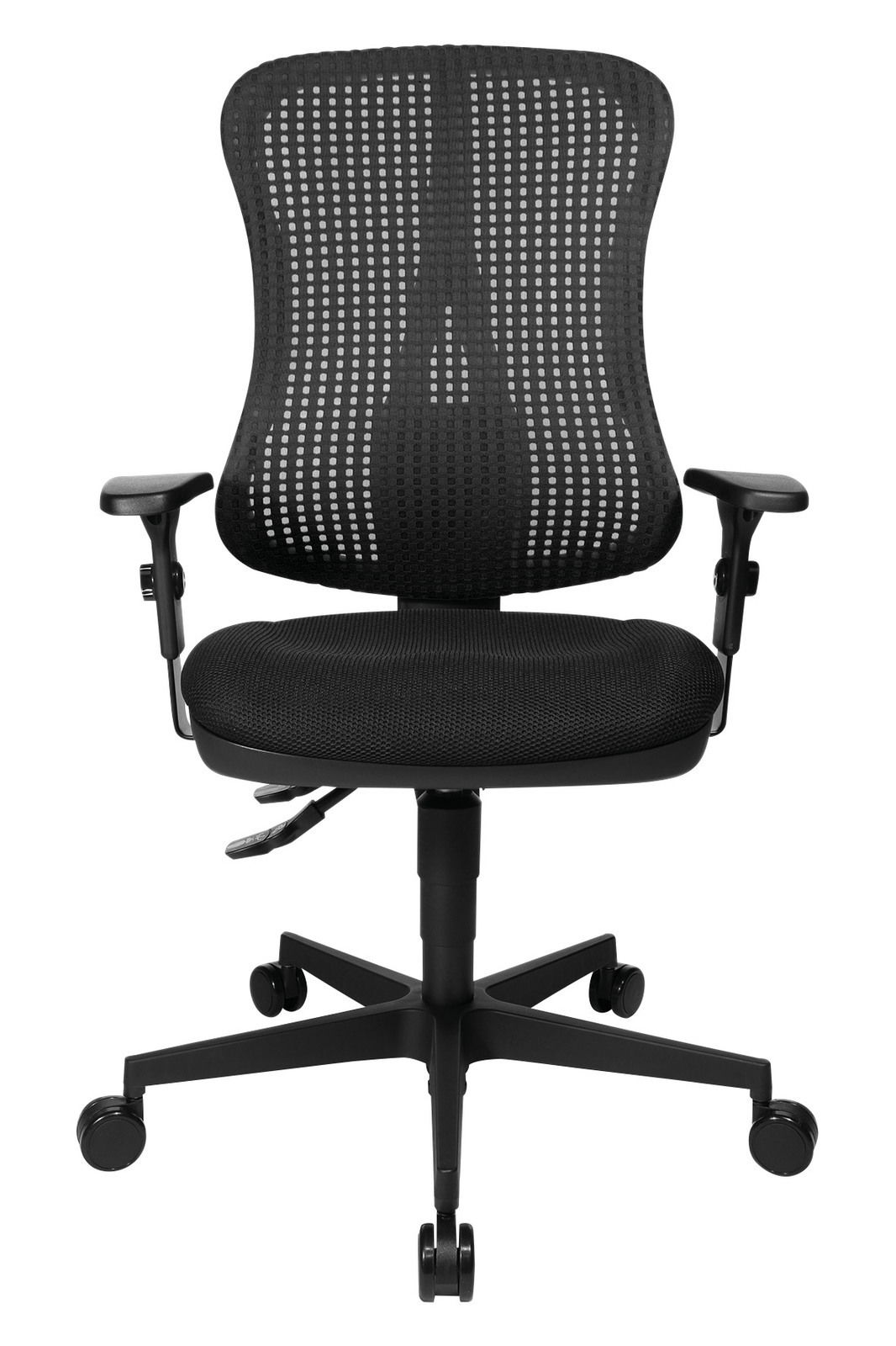 Schwarzer Drehstuhl mit Netzrückenlehne und verstellbaren Armlehnen, Vorderansicht