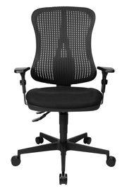 Schwarzer Drehstuhl mit Netzrückenlehne und verstellbaren Armlehnen, Vorderansicht