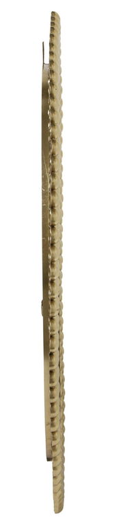 Seitenansicht eines runden Spiegels mit einem dekorativen, goldfarbenen Rahmen.