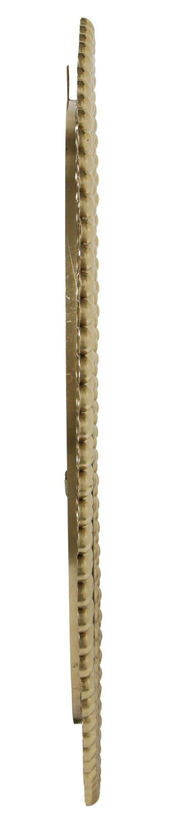 Seitenansicht eines runden Spiegels mit einem dekorativen, goldfarbenen Rahmen.