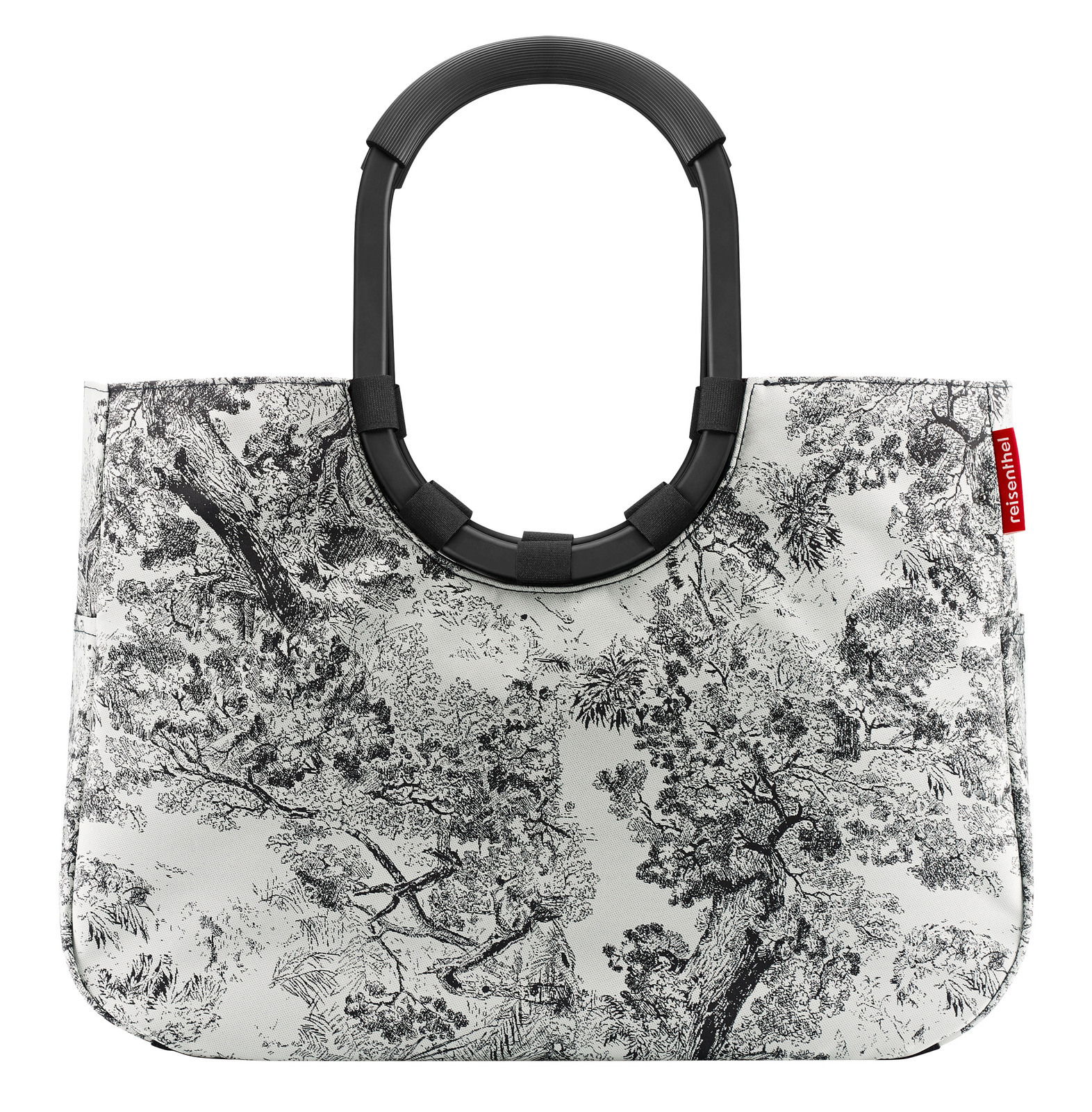 Schwarze und weiße Einkaufstasche mit Baum- und Naturmuster, Vorderansicht, mit robustem, schwarzem Griff.