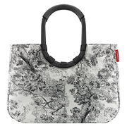 Schwarze und weiße Einkaufstasche mit Baum- und Naturmuster, Vorderansicht, mit robustem, schwarzem Griff.