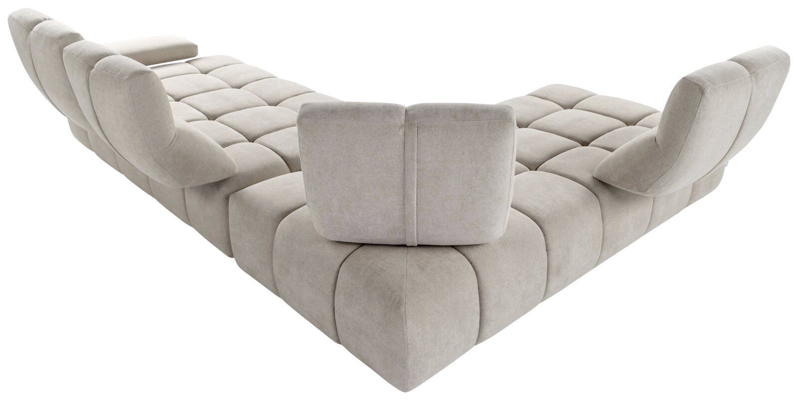 Eckgarnitur in U-Form aus beigem Stoff, Ansicht von oben mit Fokus auf die Rückseite der Rückenlehnen.