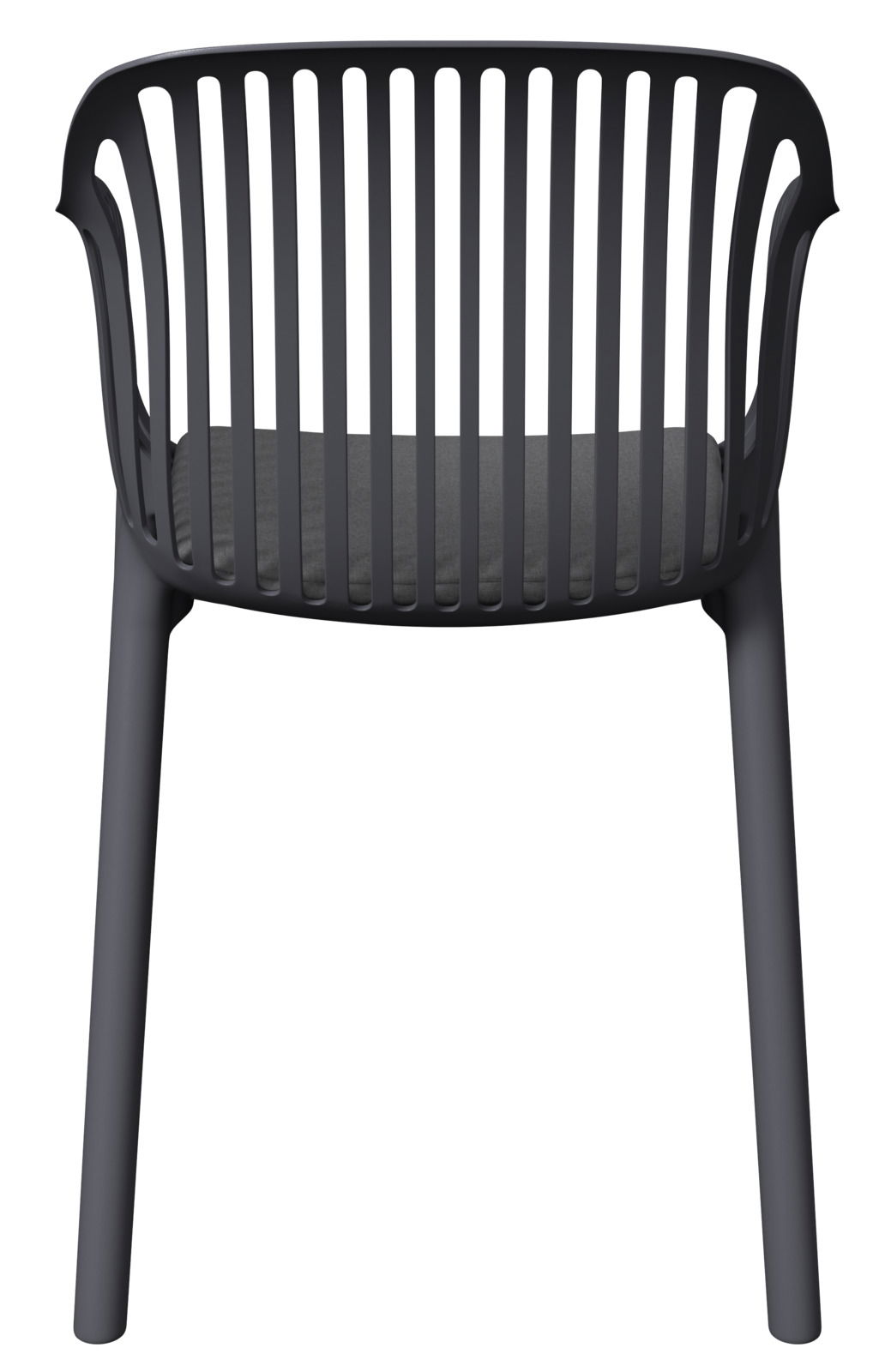 Rückansicht eines modernen, schwarzen Stapelsessels mit vertikalen Streben und gepolsterter Sitzfläche.