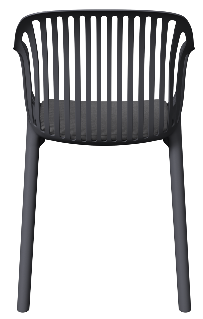 Rückansicht eines modernen, schwarzen Stapelsessels mit vertikalen Streben und gepolsterter Sitzfläche.