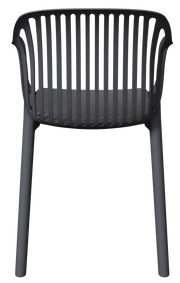 Rückansicht eines modernen, schwarzen Stapelsessels mit vertikalen Streben und gepolsterter Sitzfläche.