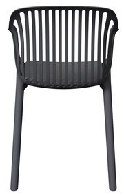 Rückansicht eines modernen, schwarzen Stapelsessels mit vertikalen Streben und gepolsterter Sitzfläche.