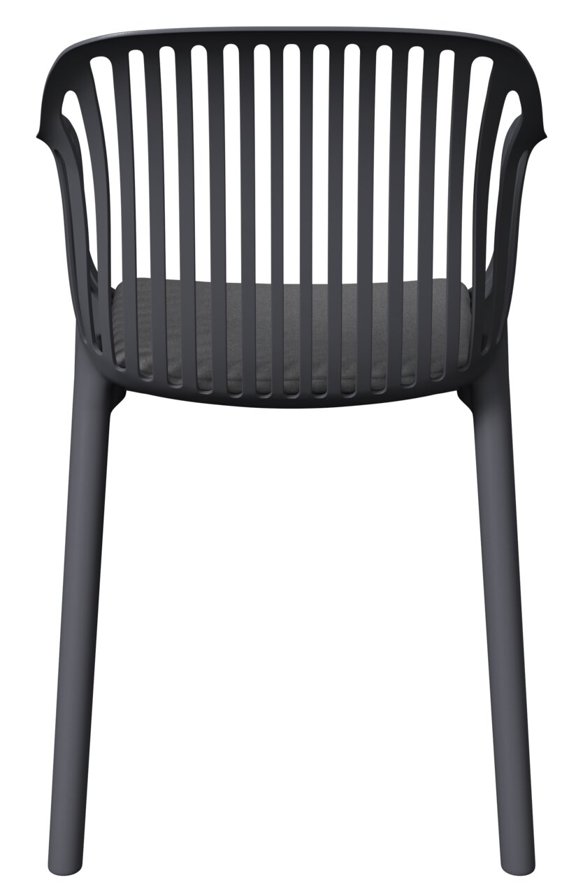 Rückansicht eines modernen, schwarzen Stapelsessels mit vertikalen Streben und gepolsterter Sitzfläche.