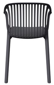 Rückansicht eines modernen, schwarzen Stapelsessels mit vertikalen Streben und gepolsterter Sitzfläche.