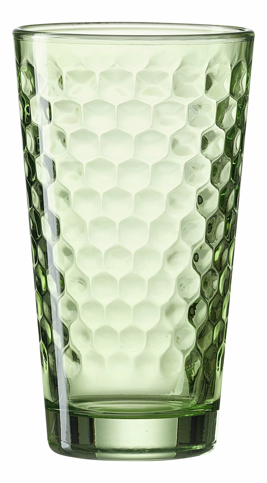 Grünes Longdrinkglas Favo 400ml mit wabenartiger Struktur, seitliche Perspektive