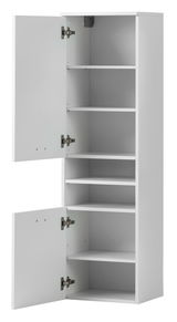 Weißer Hochschrank mit offenen Türen und mehreren Regalböden, seitliche Perspektive