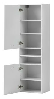 Weißer Hochschrank mit offenen Türen und mehreren Regalböden, seitliche Perspektive