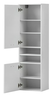 Weißer Hochschrank mit offenen Türen und mehreren Regalböden, seitliche Perspektive