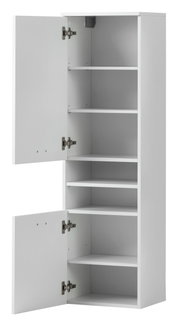 Weißer Hochschrank mit offenen Türen und mehreren Regalböden, seitliche Perspektive