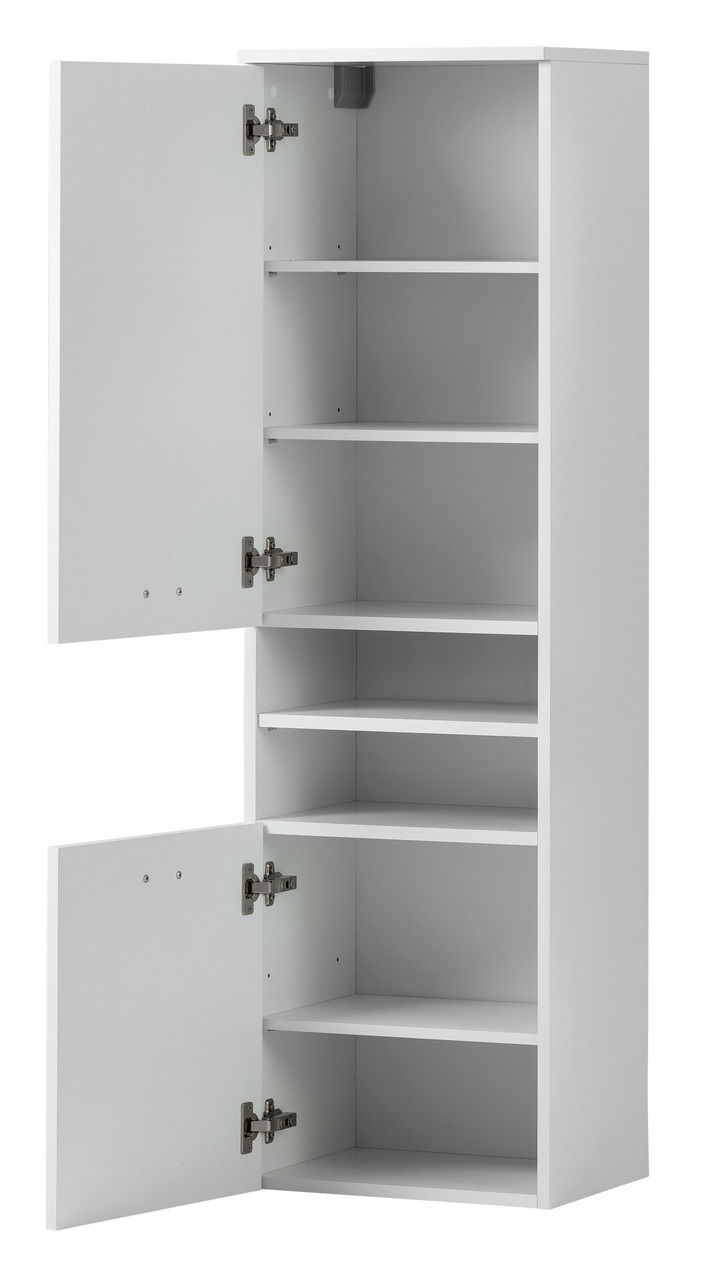 Weißer Hochschrank mit offenen Türen und mehreren Regalböden, seitliche Perspektive