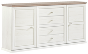 Weißes Sideboard mit Holzplatte, zwei Türen und vier Schubladen, seitliche Perspektive