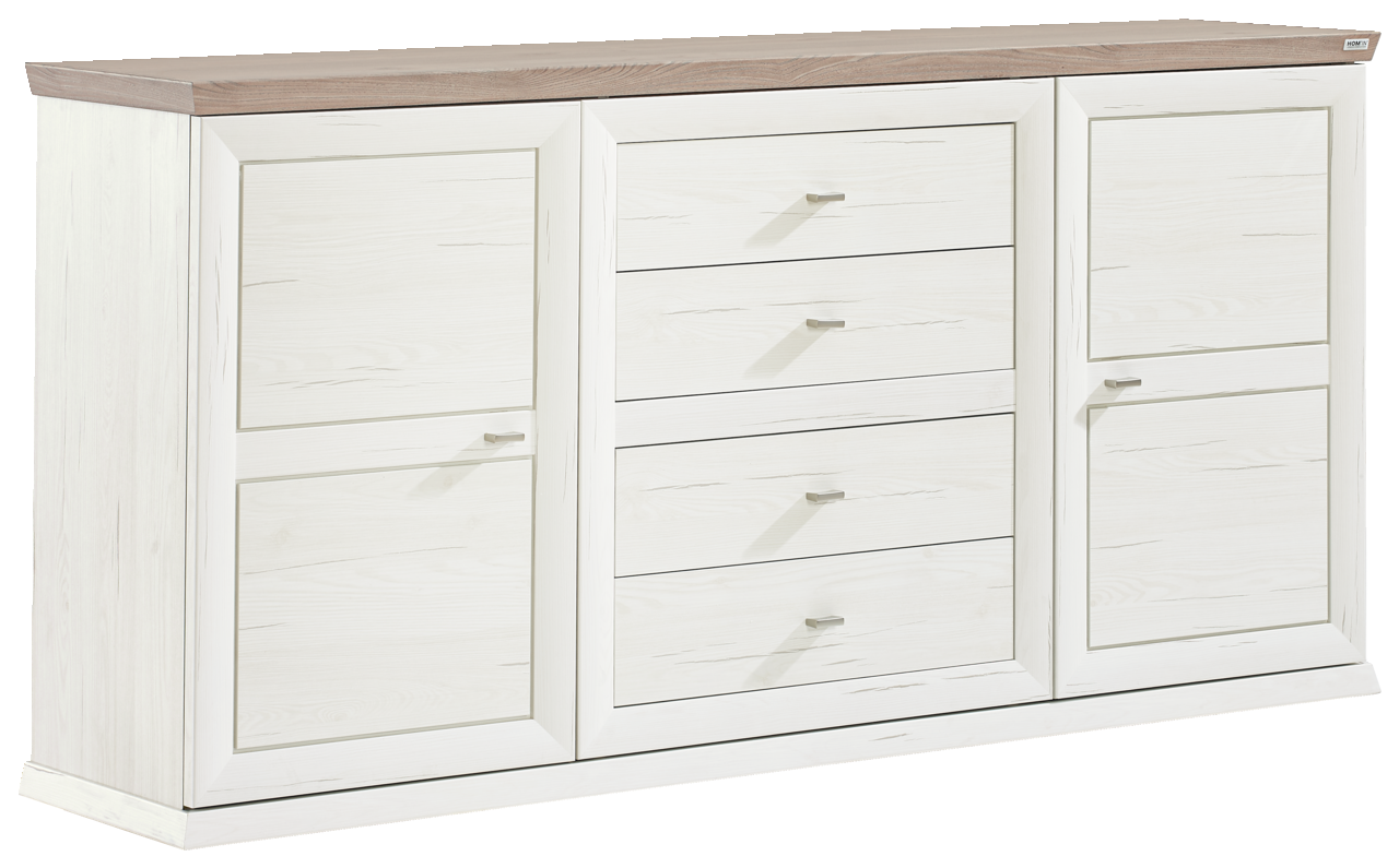 Weißes Sideboard mit Holzplatte, zwei Türen und vier Schubladen, seitliche Perspektive