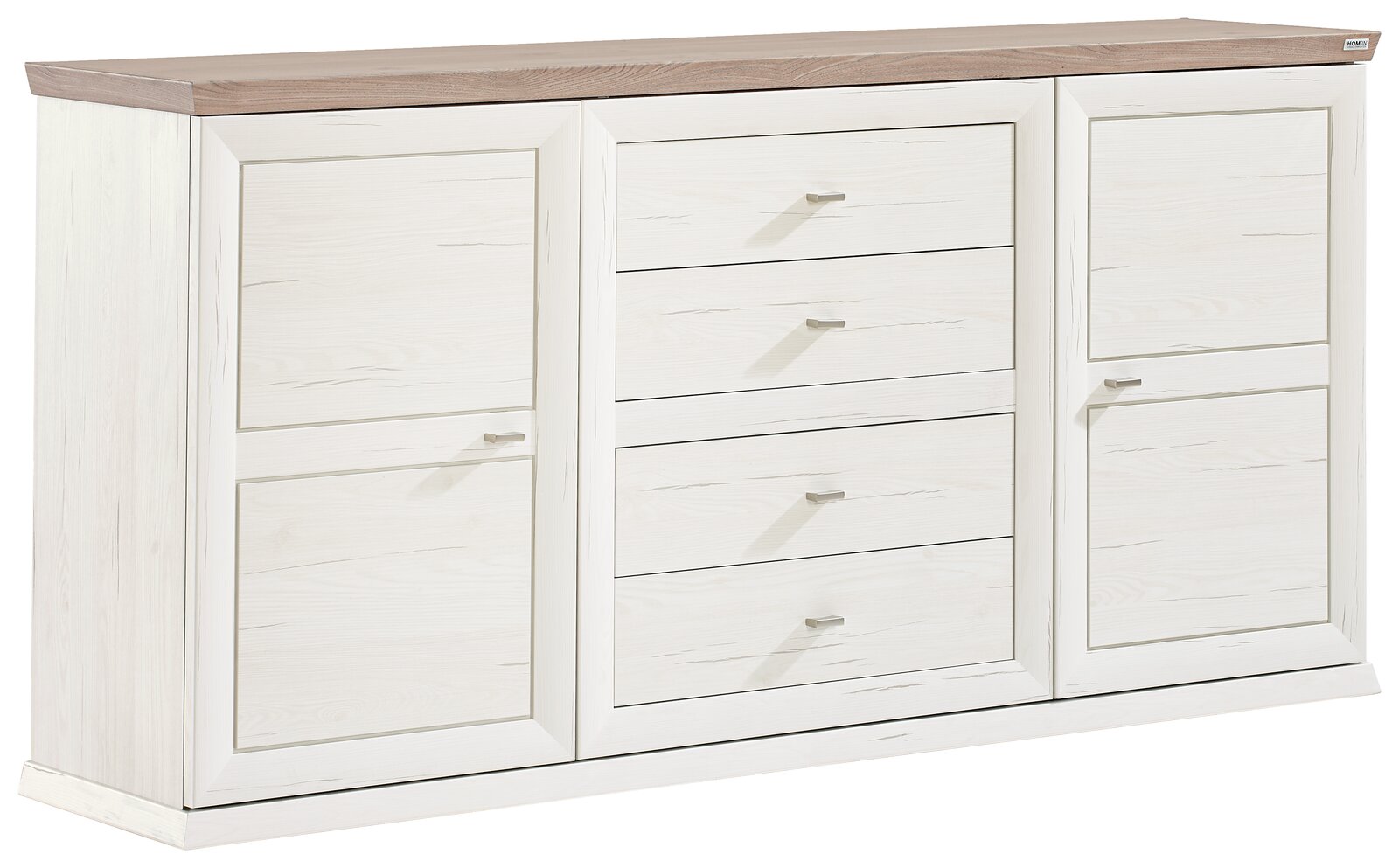 Hom´in Sideboard CAMRON Weißes Sideboard mit Holzplatte, zwei Türen und vier Schubladen, seitliche Perspektive