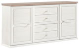 Weißes Sideboard mit Holzplatte, zwei Türen und vier Schubladen, seitliche Perspektive