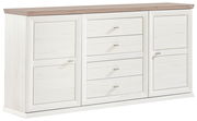Weißes Sideboard mit Holzplatte, zwei Türen und vier Schubladen, seitliche Perspektive