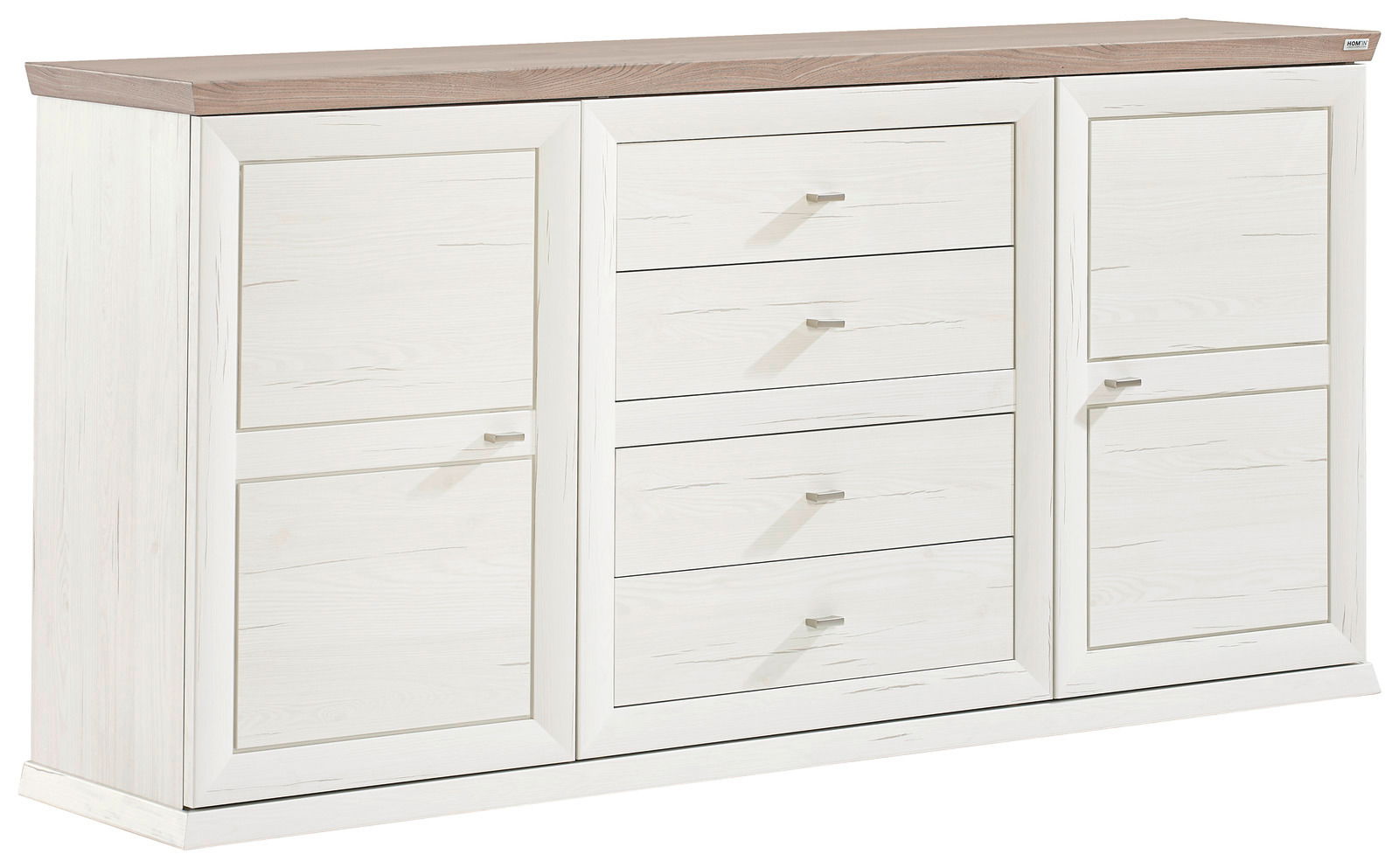 Weißes Sideboard mit Holzplatte, zwei Türen und vier Schubladen, seitliche Perspektive