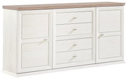 Weißes Sideboard mit Holzplatte, zwei Türen und vier Schubladen, seitliche Perspektive