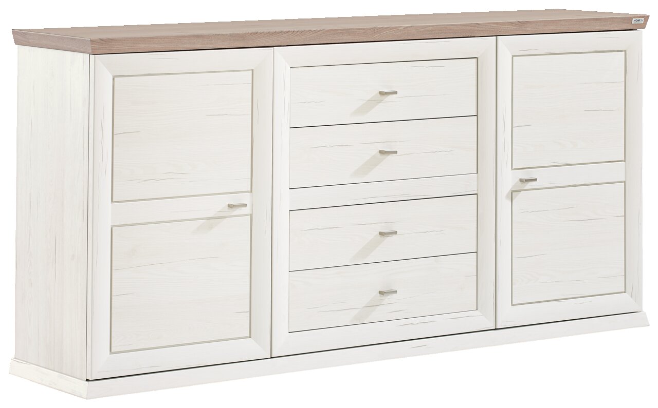 Weißes Sideboard mit Holzplatte, zwei Türen und vier Schubladen, seitliche Perspektive