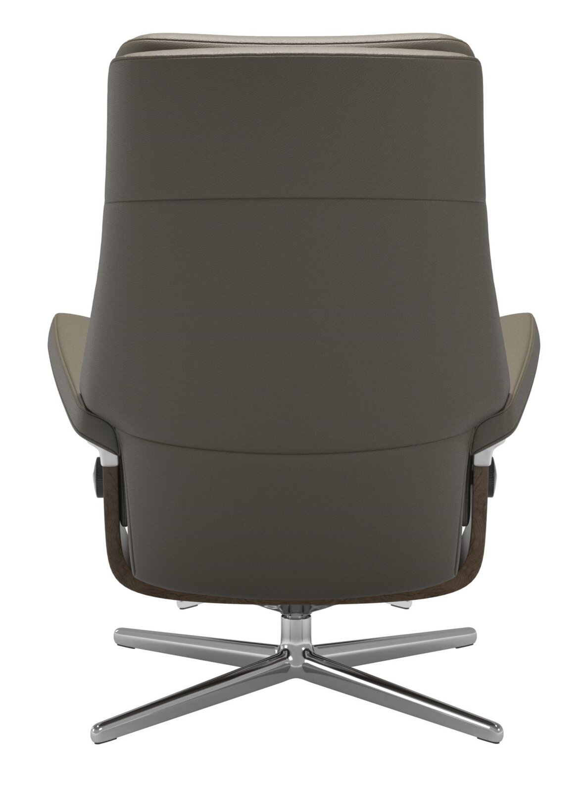 Stressless Fauteuil PAUL Achterkant van een moderne fauteuil met draaibare metalen voet, bekleed met donker leer.