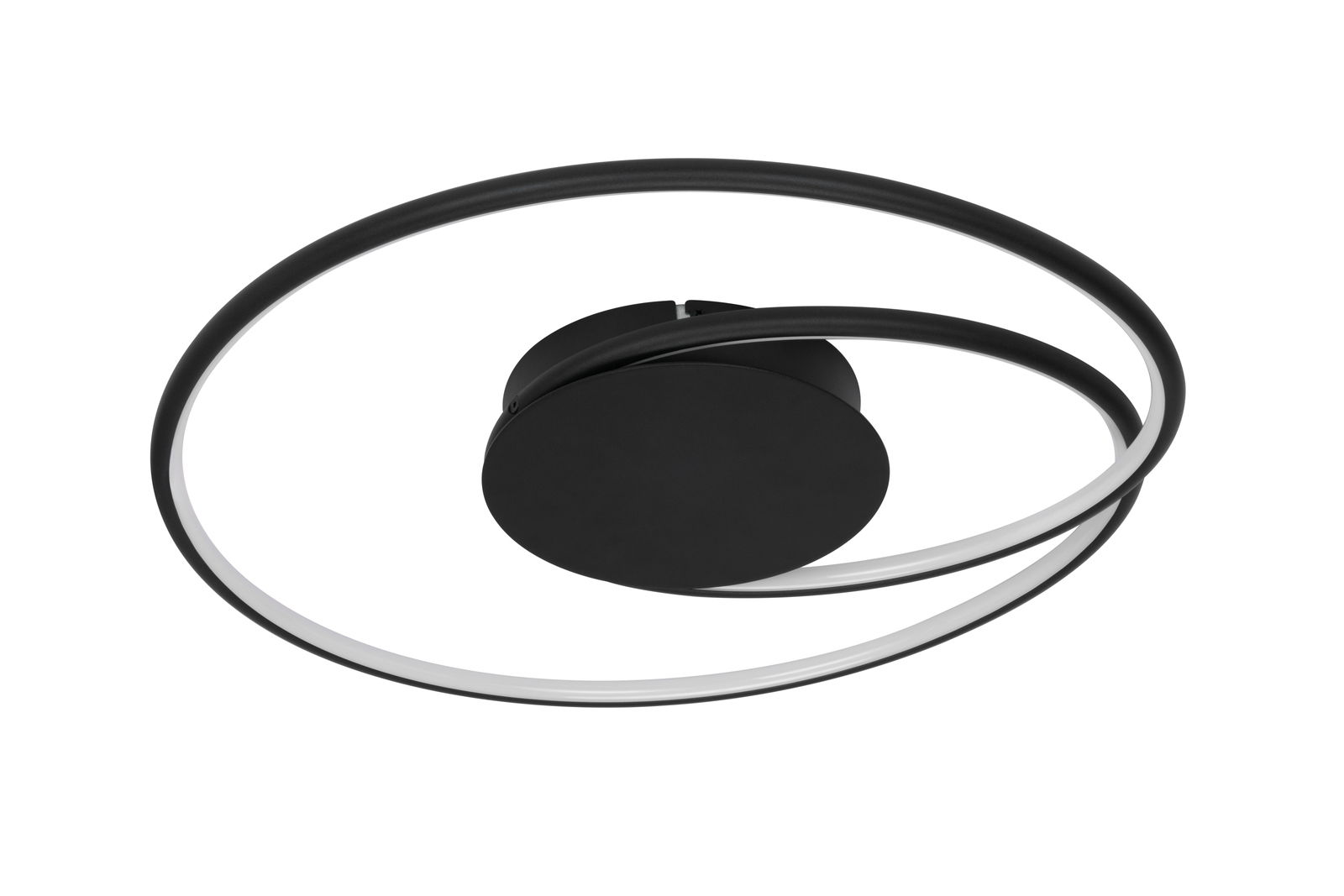 Moderne LED-Deckenleuchte in Schwarz mit geschwungenem Design, seitliche Perspektive