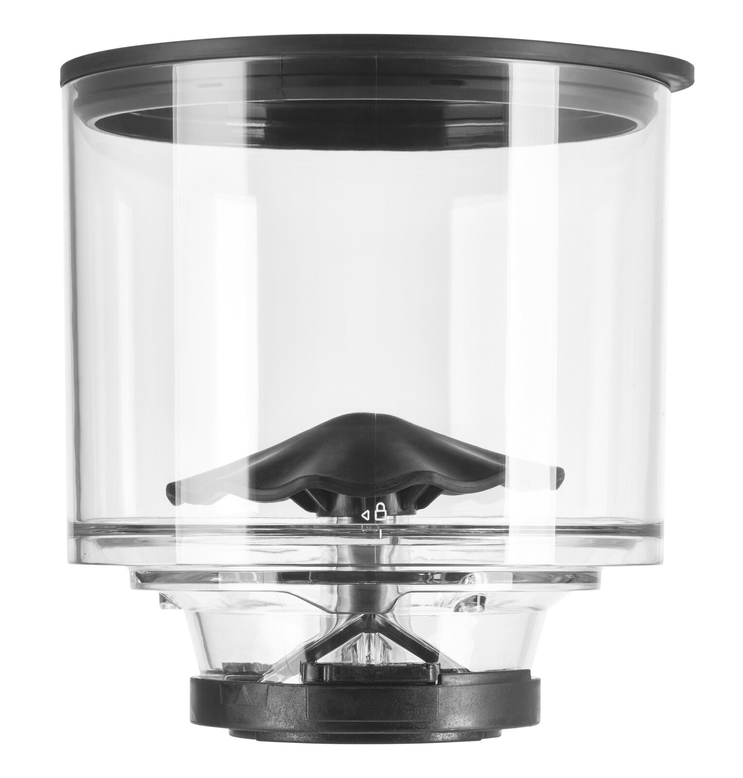 Transparenter Behälter einer Kaffeemühle, seitliche Perspektive