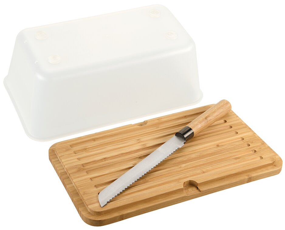 Transparente Brotbox mit Holzschneidebrett und Brotmesser, von oben betrachtet.