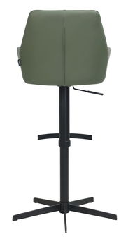 Rückansicht eines grünen Barhockers mit schwarzem Metallgestell und verstellbarer Höhe.