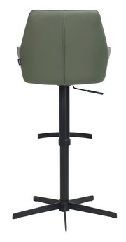 Rückansicht eines grünen Barhockers mit schwarzem Metallgestell und verstellbarer Höhe.