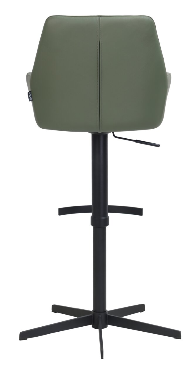 Achterkant van een groene barkruk met een zwart metalen frame en verstelbare hoogte.