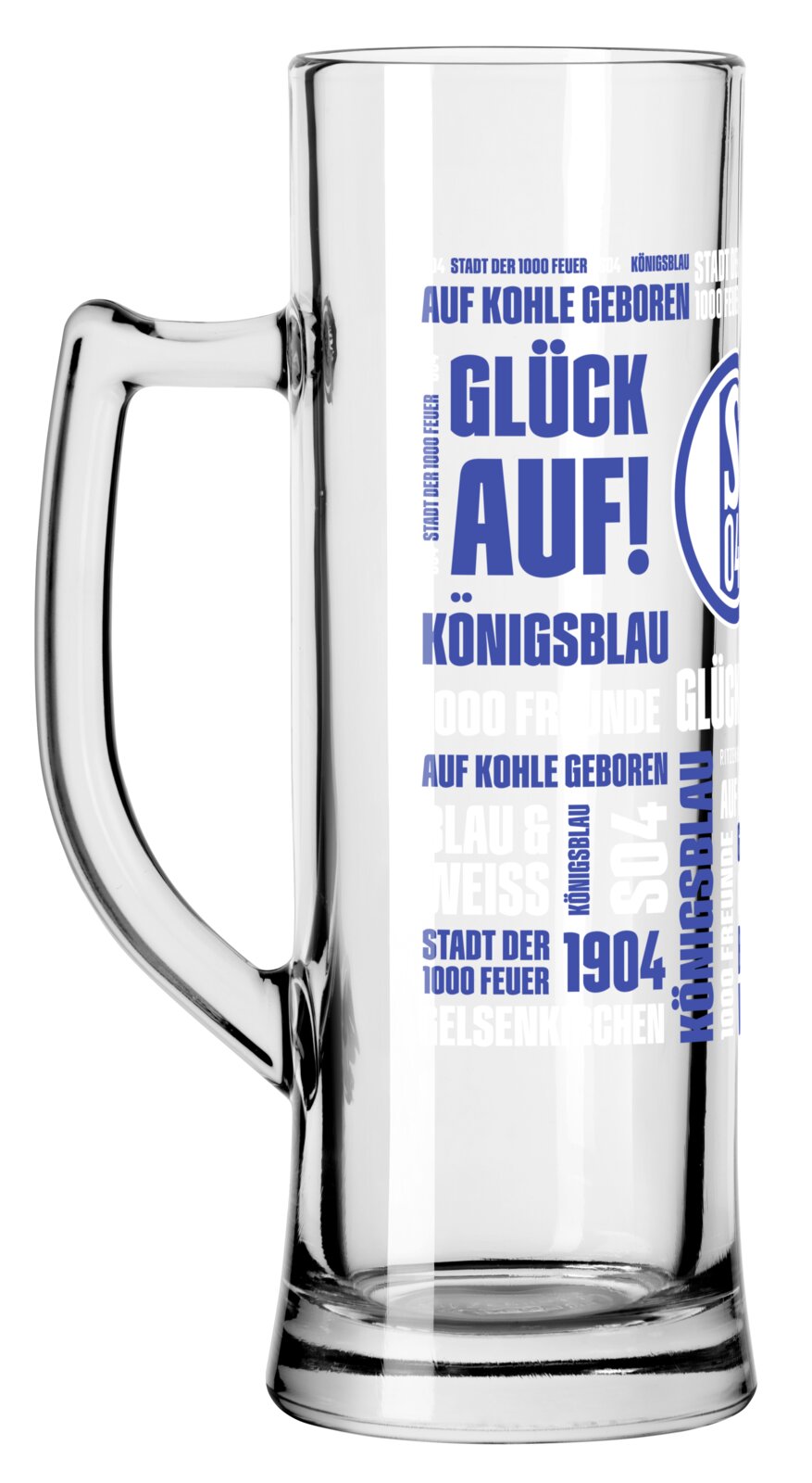 Transparenter, hoher Bierkrug aus Glas mit Henkel und blau-weißem FC-Schalke-04-Schriftdekor „Glück auf!“, in frontaler, leicht seitlicher Produktansicht